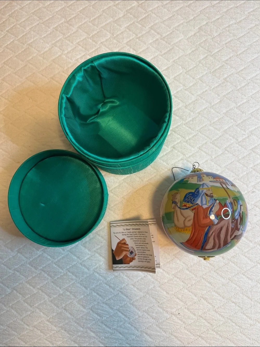 Hand-Painted Li Bien Nativity Christmas Ornament with Green Satin Box